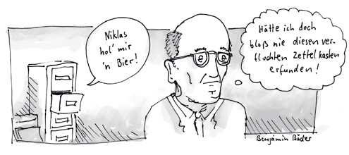 cartoon of Luhmann's zettelkasten asking him for a beer